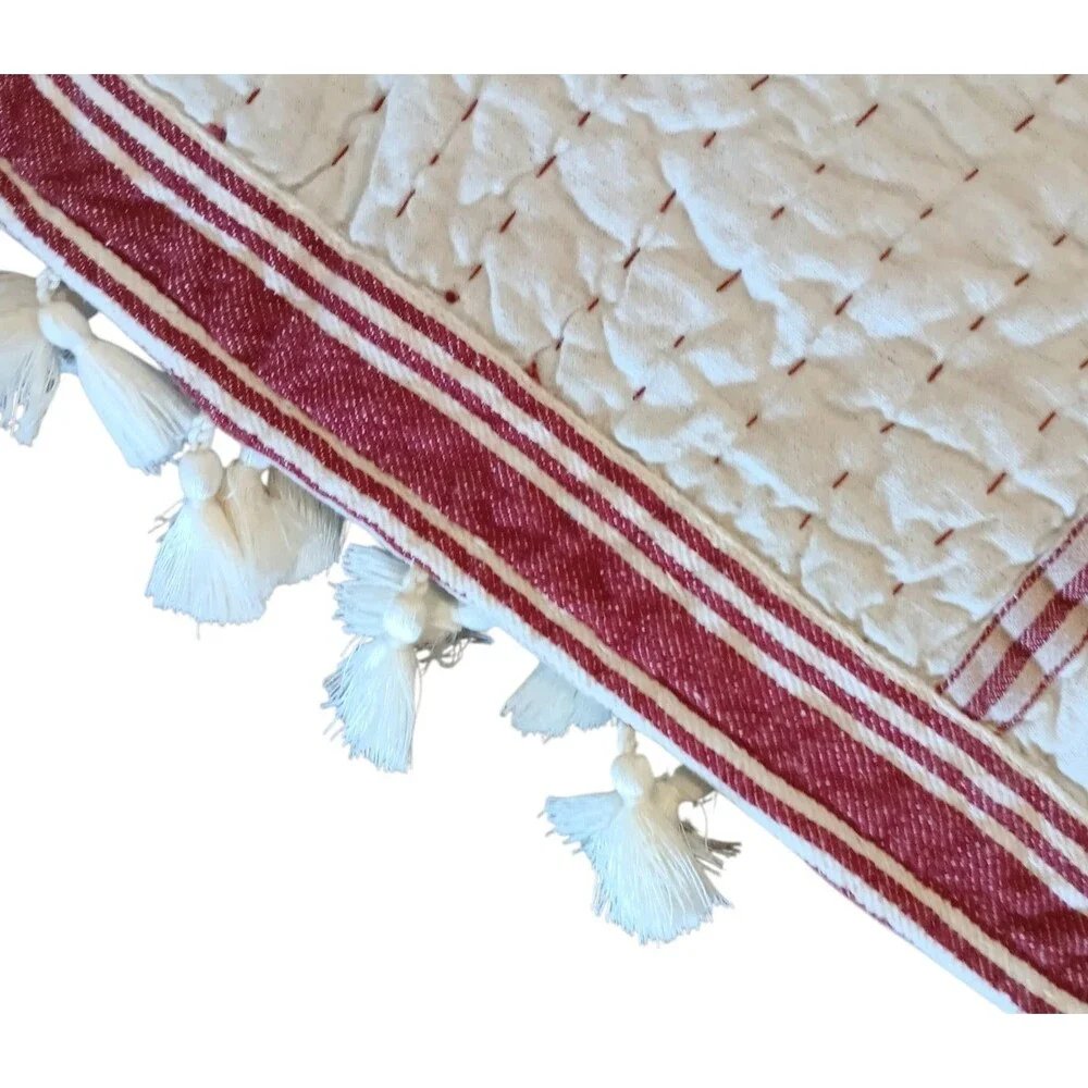 Pottery Barn Nellie Pick Stitch Red & Cream Reversible King Quilt & 2 Shams